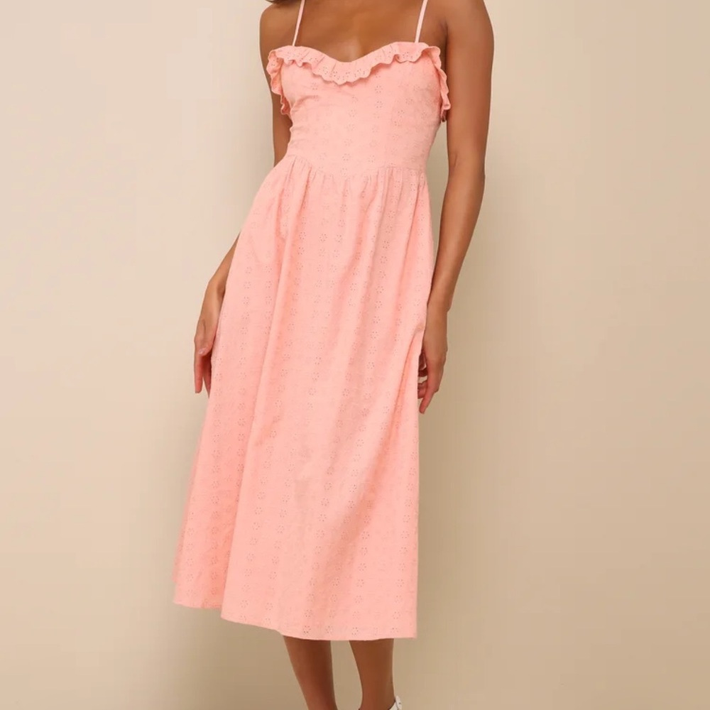 Lulu's Lovely Weather Pink Embroidered Bustier Midi Dress with Pockets